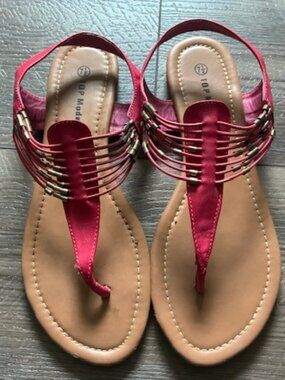 HOT PINK Vegan Leather GOLD BEADS Back Strap FLIP FLOPS (Gladiator) Sandals 7.5